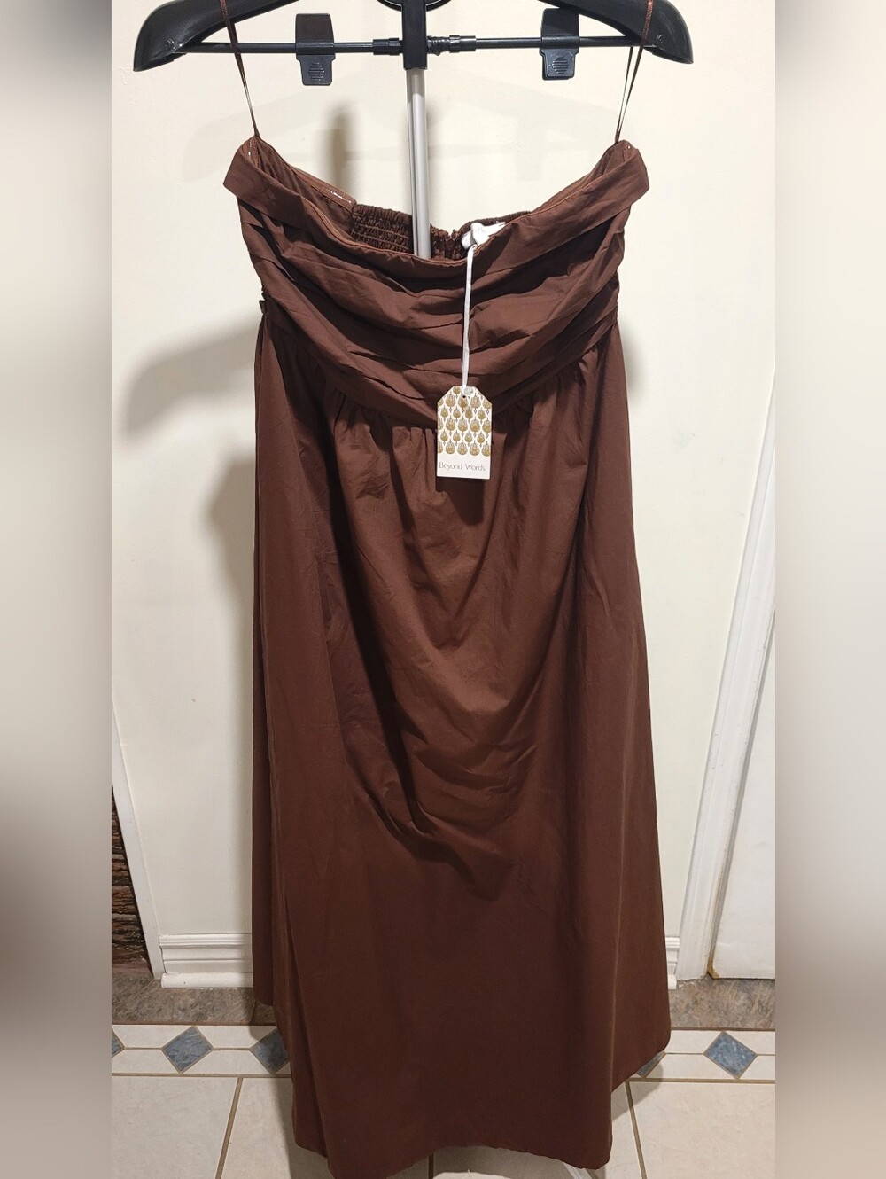 NWT Beyond Words Brown Strapless Maxi Dress Smocked Back Cotton Boho Large